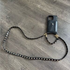 BANDOLIER Black Leather Phone Case with 2 Gold Studded Straps (15 pro max)